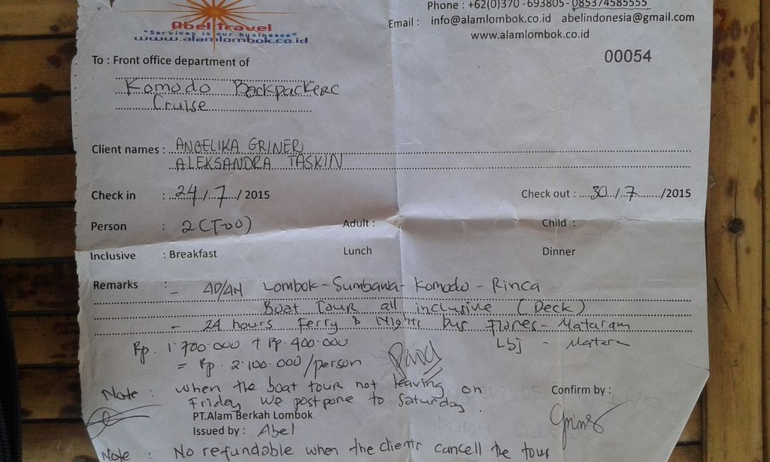 dowód zakupu z biura na rejs na komodo