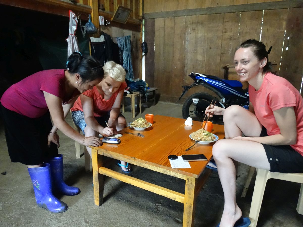 Grupa kobiet planująca trasę trekkingową przy stole w Sapa.